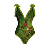 V Neck Floral One Piece Lace Up Swimsuit